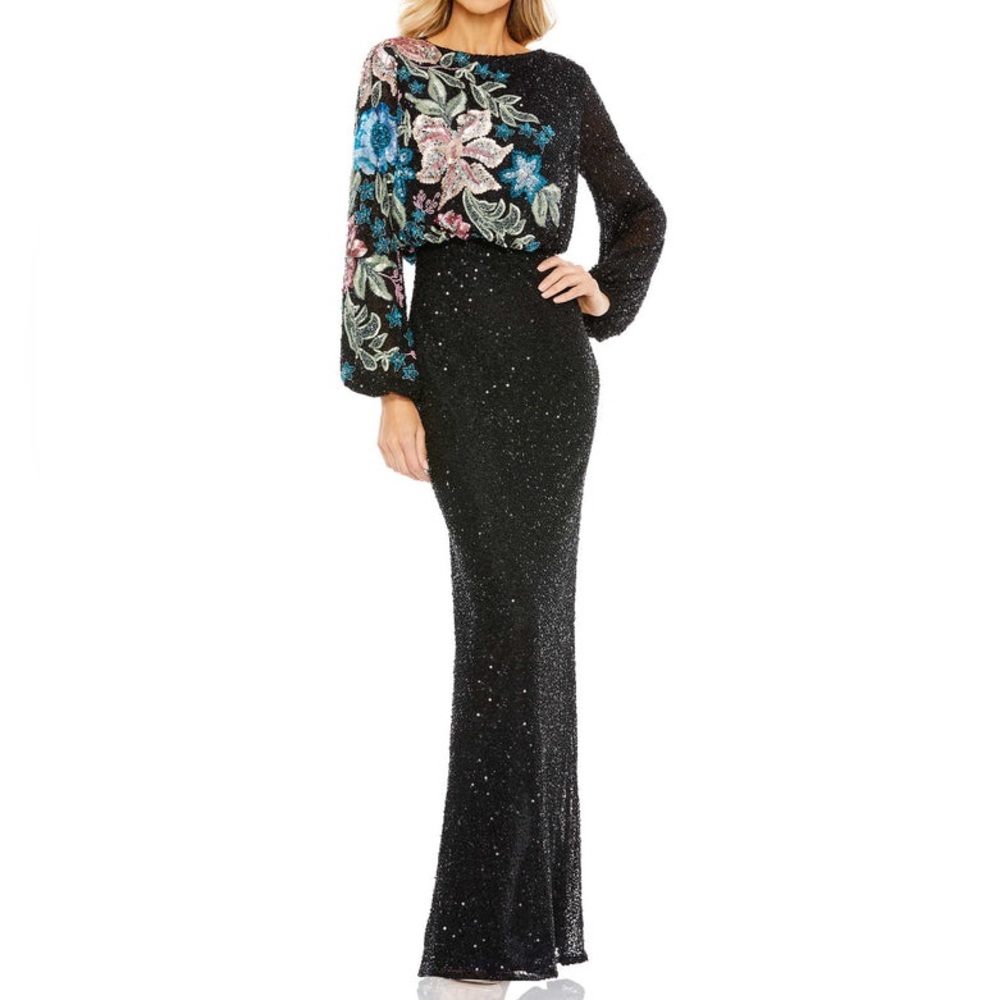 Mac Duggal Black Maxi Dress with Floral Embroidery